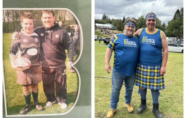 Two images: a boy with a rugby ball and a man in a kilt, supporting a charity foundation.